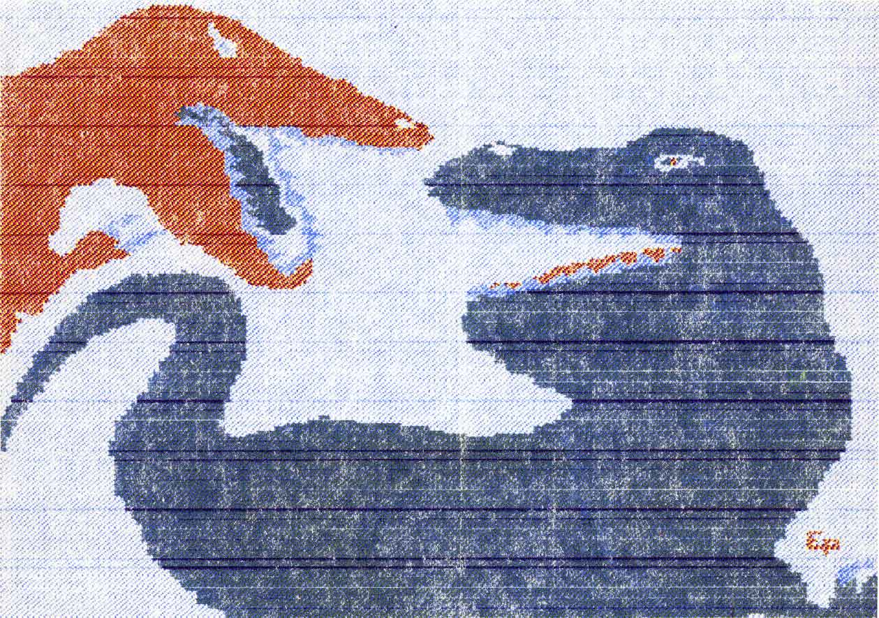 Dot-matrix print of dinosaurs drawn with Atari 800XL drawing tablet